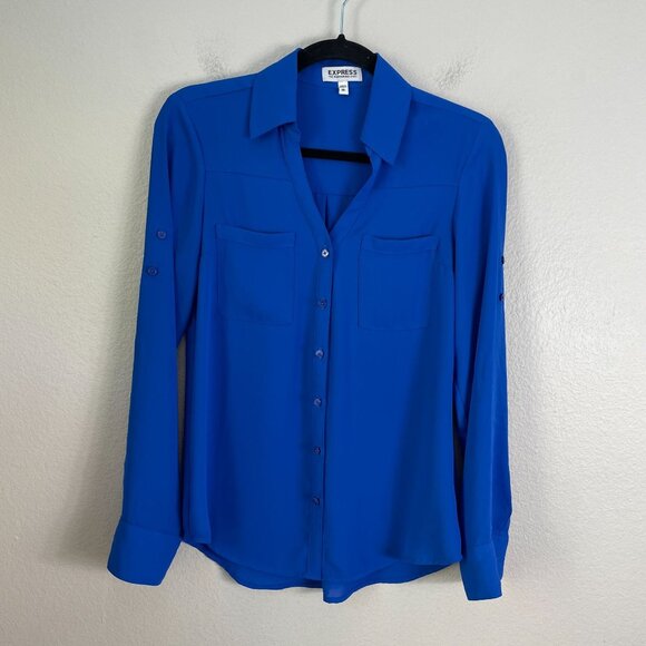 Express Portofino Shirt Womens XS Royal Blue Button Up Roll Tab Sleeve Blouse - Picture 1 of 7